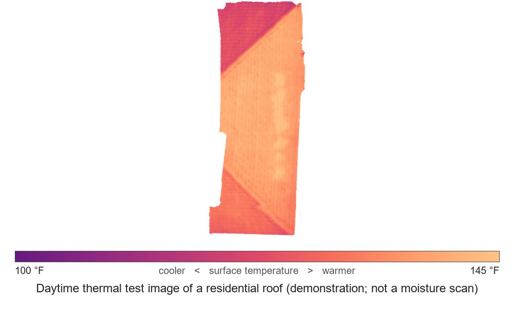 Daytime thermal test image of a residential roof (demonstration; not a moisture scan)